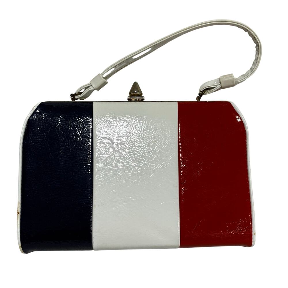 Vintage pocketbook purse red white & blue faux leather top handle 1970’s bag